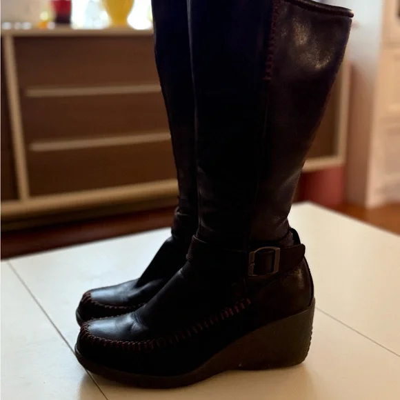 Chocolate Brown Wedge Boots Thick Stitching Y2K Folkcore Cottagecore Boho Artsy - Picture 4 of 7